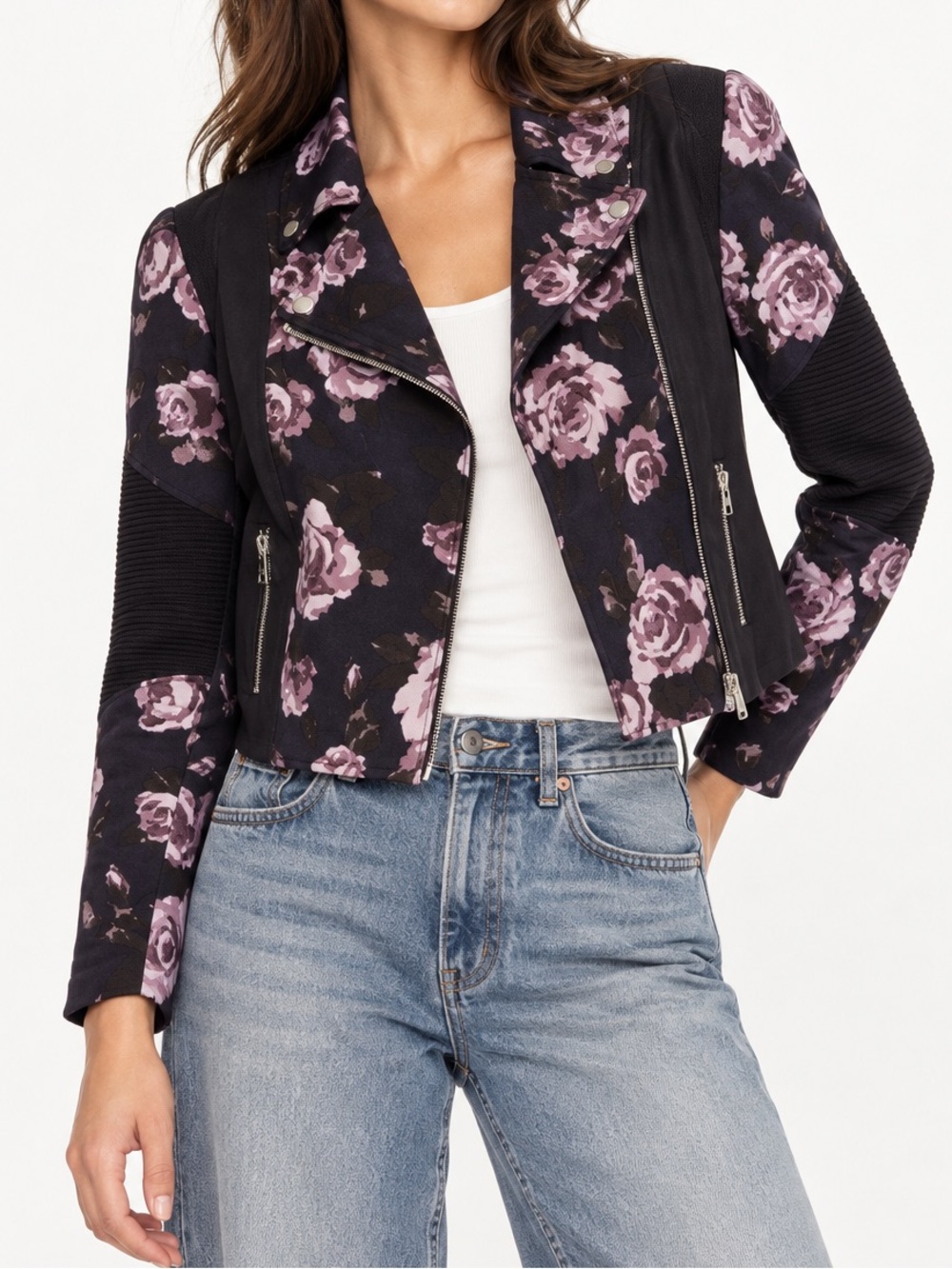 Aritzia Wilfred Montesson Dark Floral Moto Jacket in Marine Everest